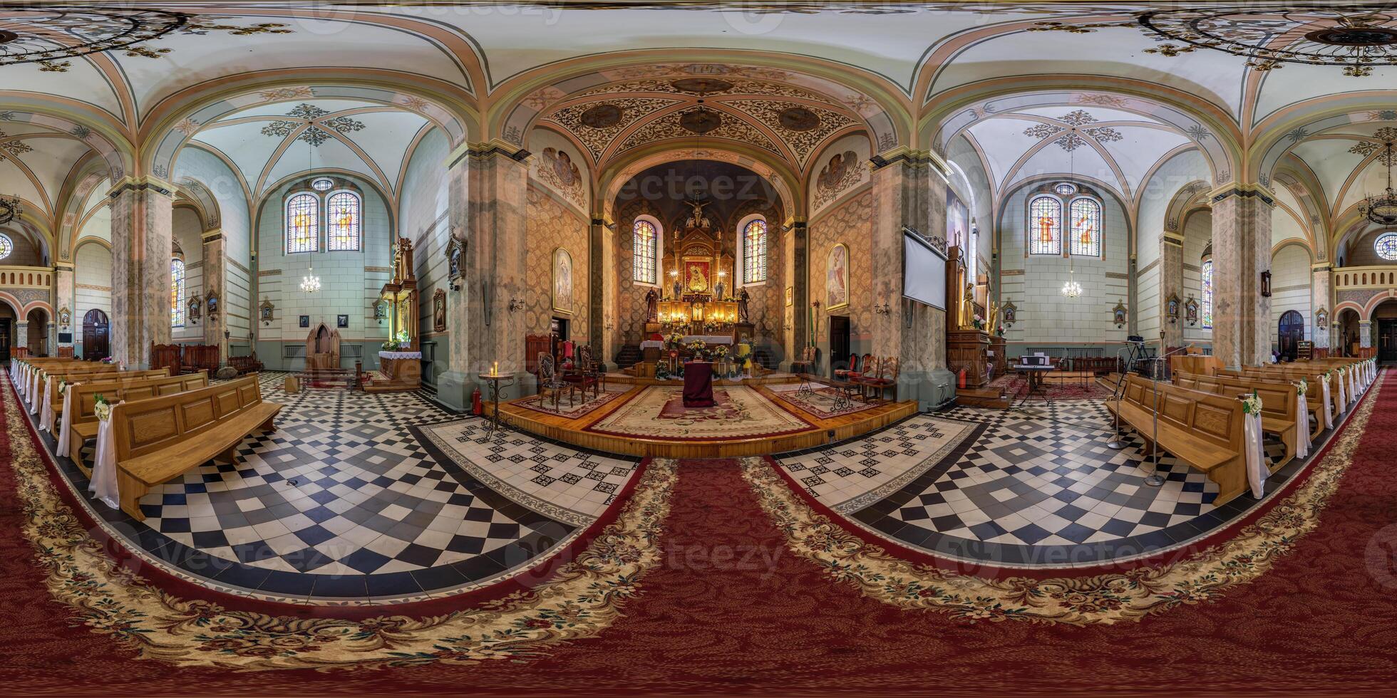 spherical seamless hdri 360 panorama near altar inside of catholic church, architectural monument of mannerism and baroque with arches and frescoes in equirectangular projection photo