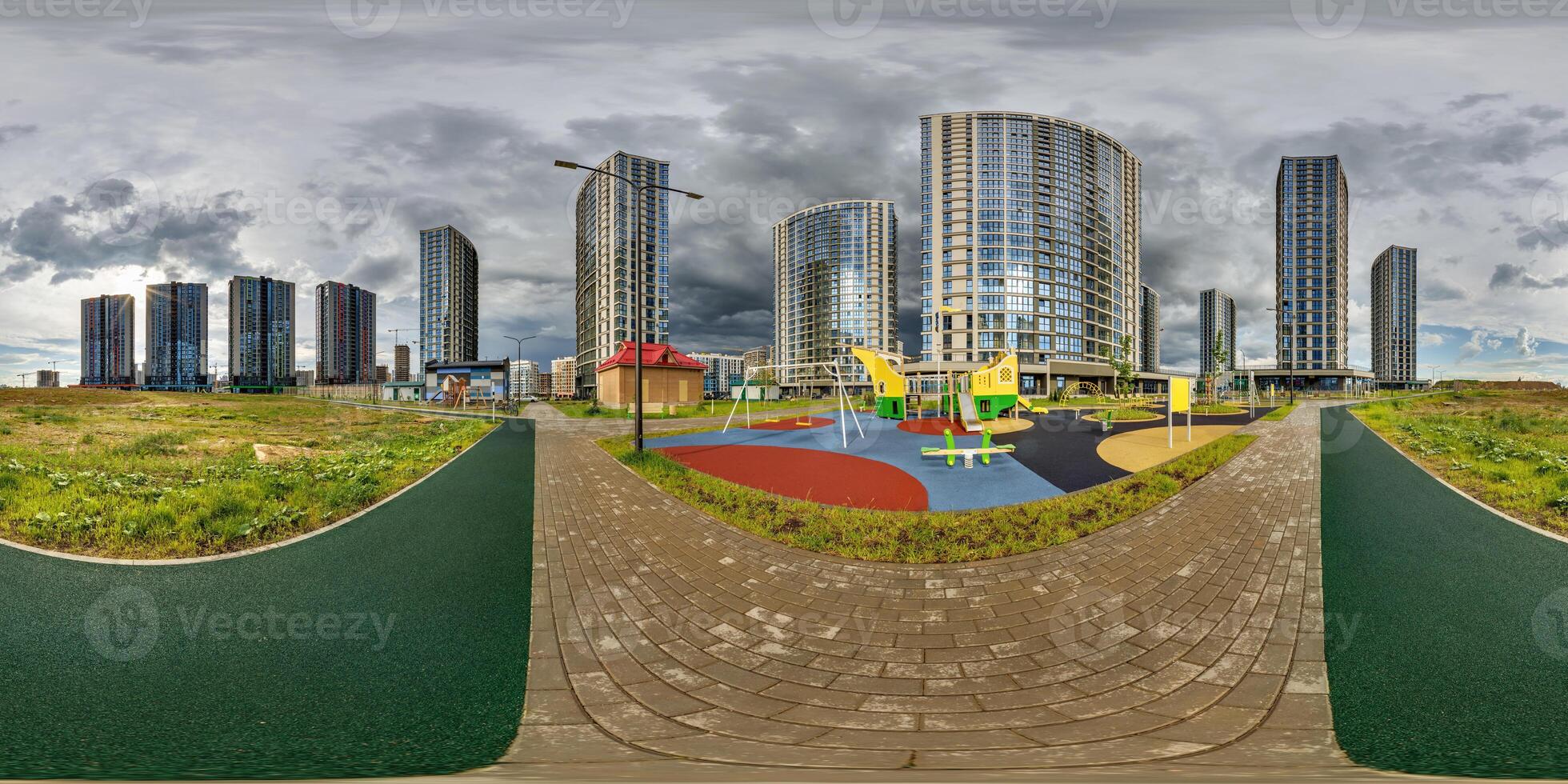 hdri 360 panorama near new skyscrapers and residential complex in full equirectangular seamless spherical projection photo