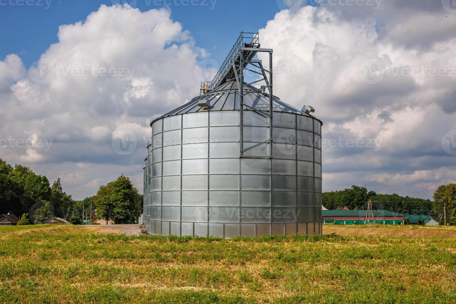silos on agro-industrial complex with seed cleaning and drying line for grain storage. Granary elevator photo