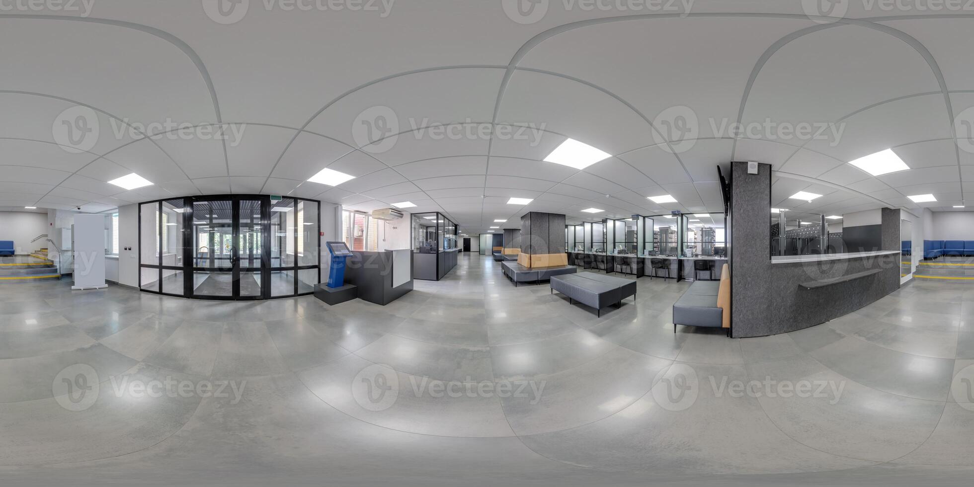 hdri 360 panorama view in empty modern hall of reception and doors in administrative building in full seamless spherical equirectangular projection, ready for AR VR content photo