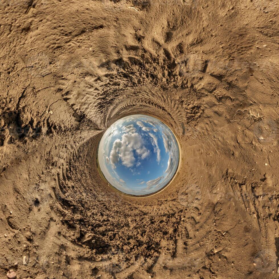 blue hole sphere or globe little planet inside sand or dry ground frame background photo