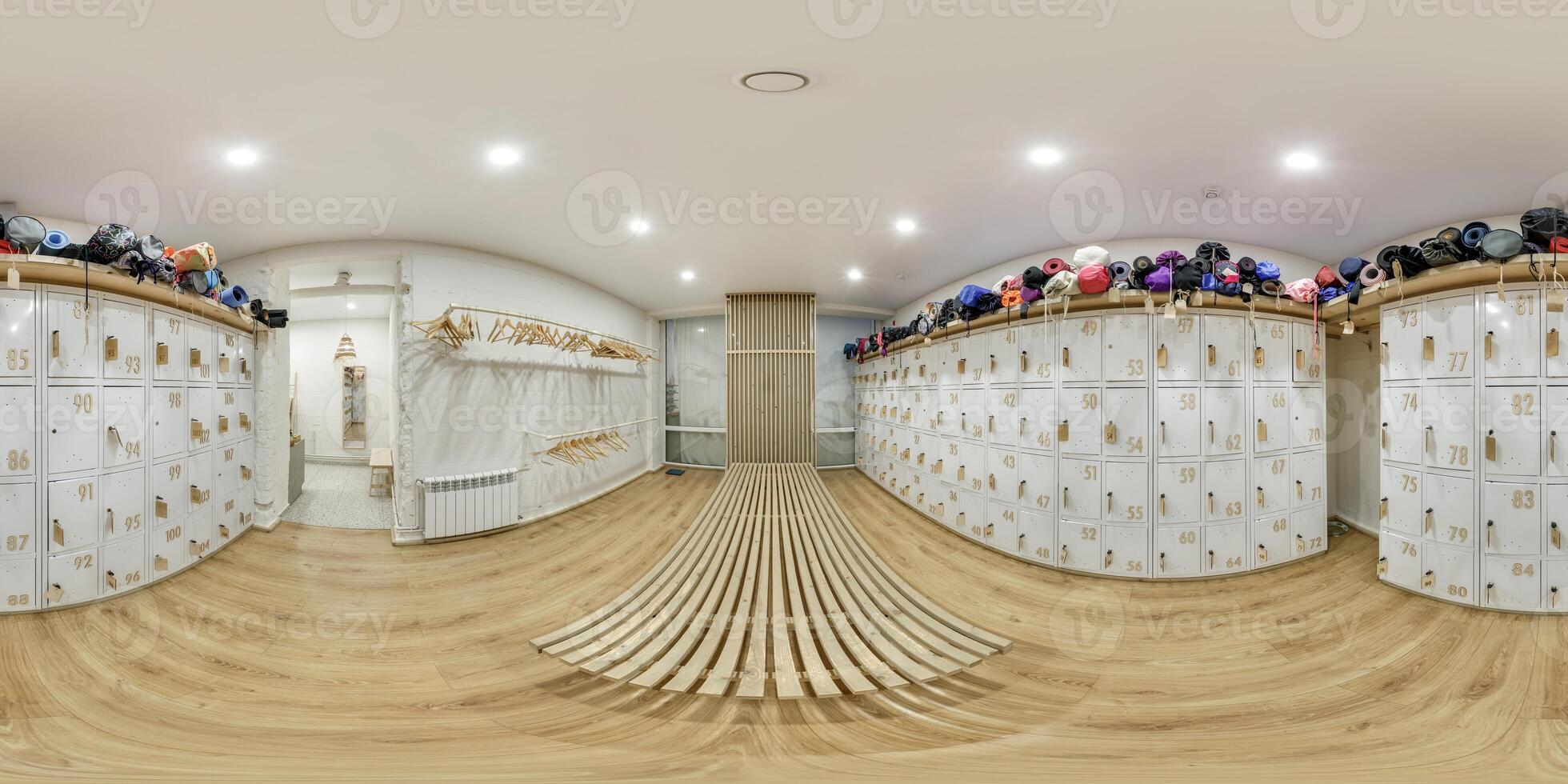 full seamless spherical hdri 360 panorama view in small locker room and wardrobe with drawers in equirectangular projection, ready for VR AR virtual reality photo