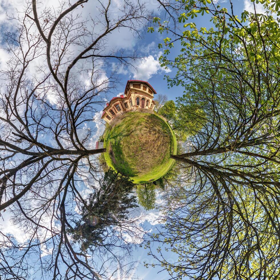 tiny planet transformation of spherical panorama 360 degrees. Spherical abstract aerial view with trees in forest with clumsy branches in blue sky. Curvature of space. photo