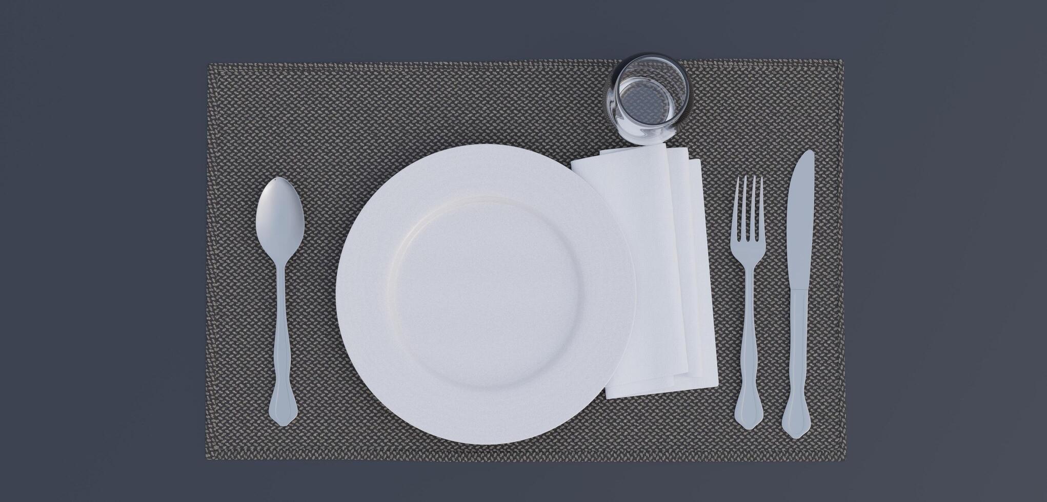 Tableware, plates, spoons, knives and empty glasses on a mat. 3D illustration photo