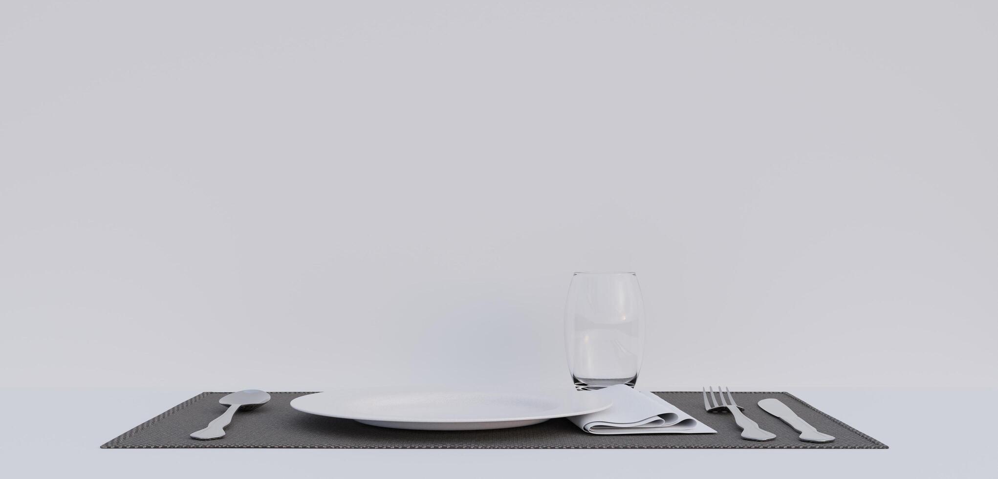 Tableware, plates, spoons, knives and empty glasses on a mat. 3D illustration photo