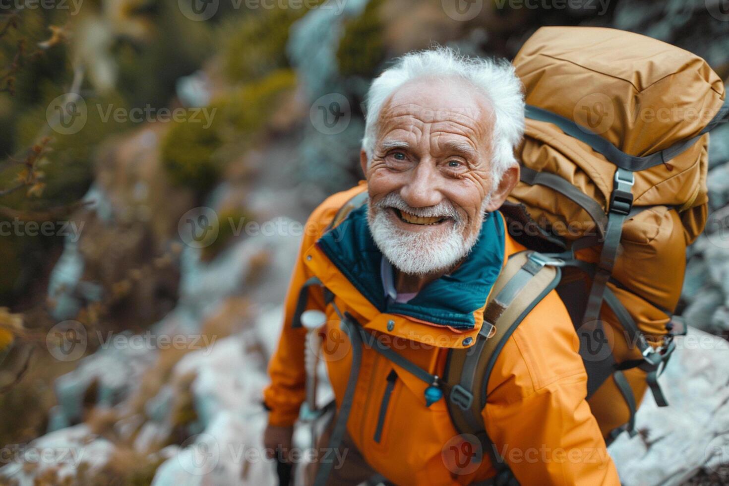 Active grandfather hiking, travelling. Grandpa active life concept, retro nostalgia style. photo
