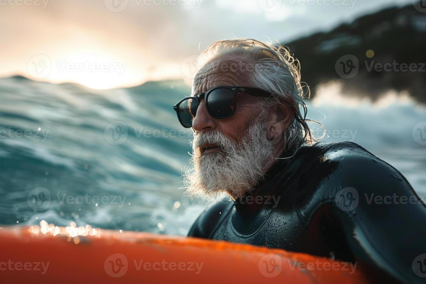 Active grandfather surfing. Grandpa active life concept, retro nostalgia style. photo