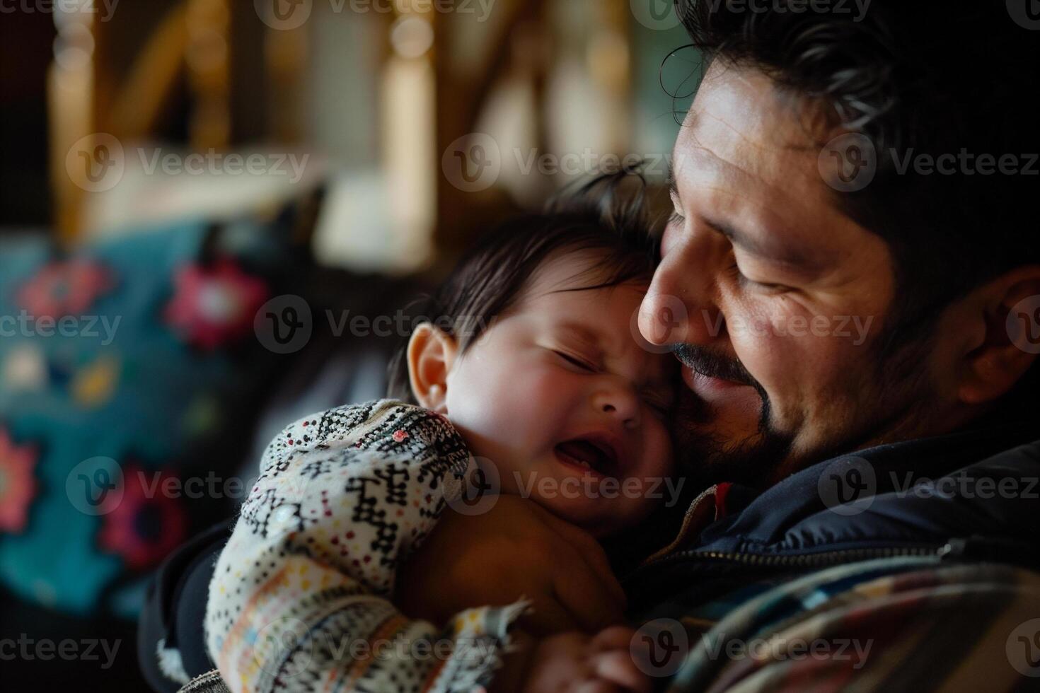 Asian father calming a crying child. Equality household management concept. Shared responsibilities partnership idea. photo