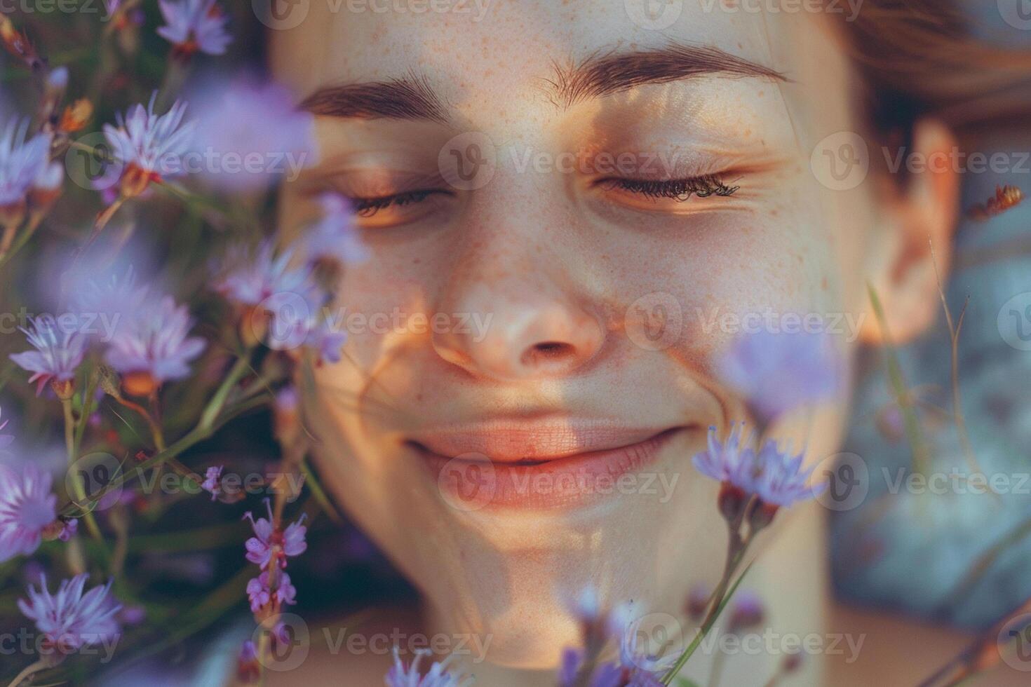 Happy woman smiling and enjoying the moment, sunshine, nature, surrounded by flowers face. Bucket lifestyle concept. photo