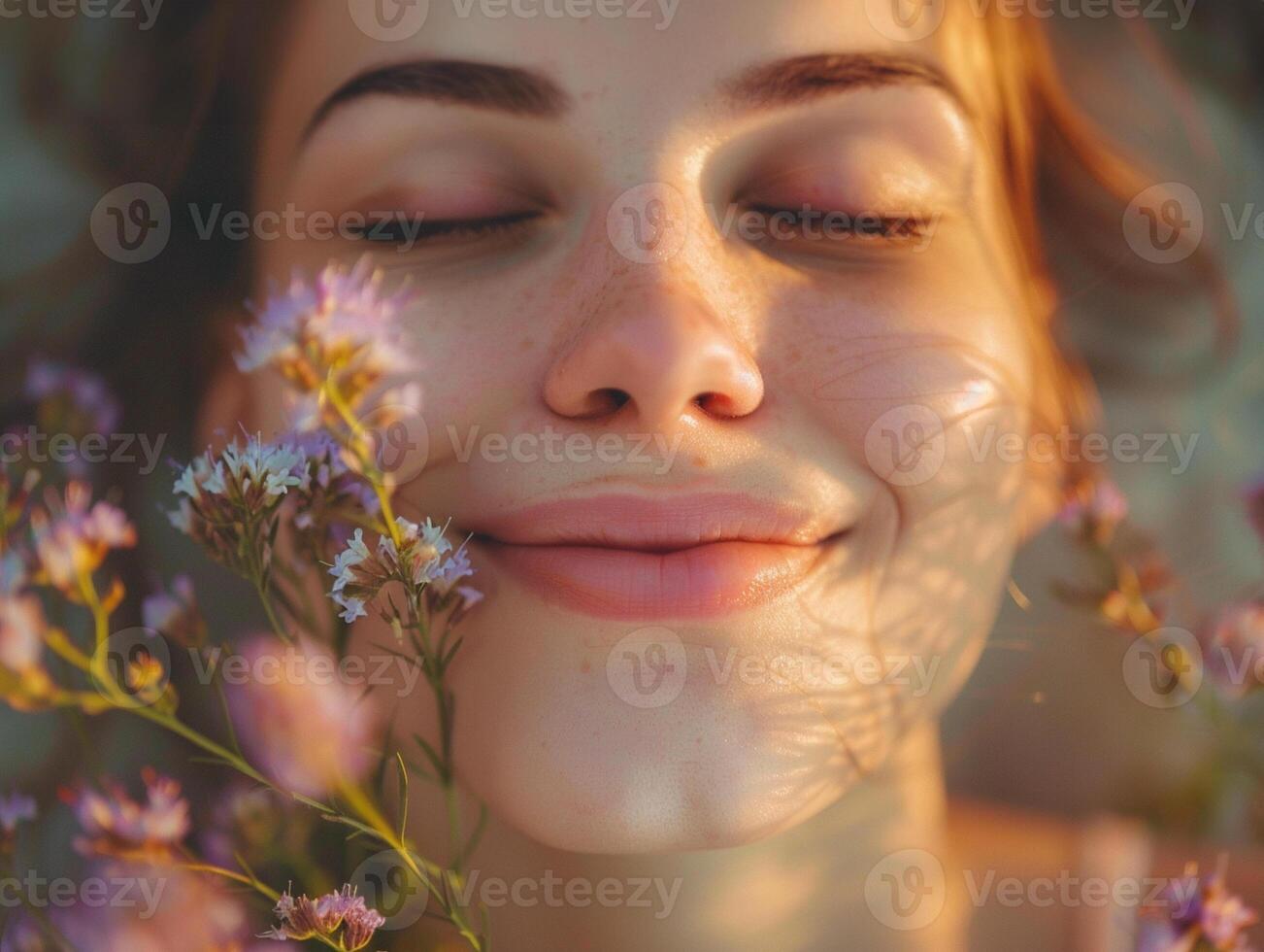 Happy woman smiling and enjoying the moment, sunshine, nature, surrounded by flowers face. Bucket lifestyle concept. photo