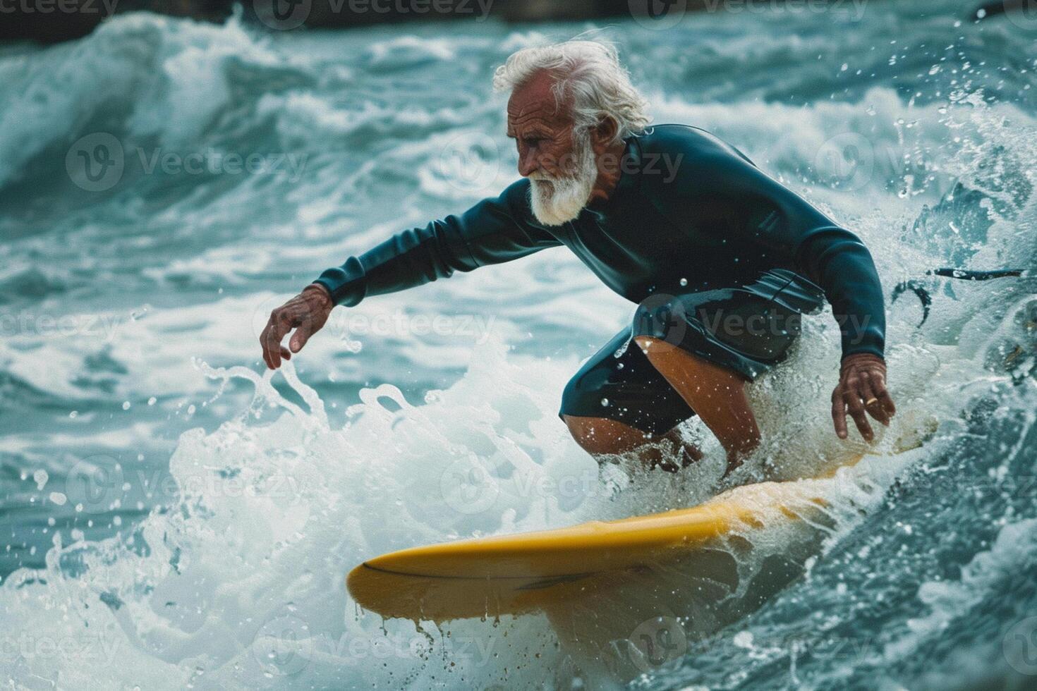 Active grandfather surfing. Grandpa active life concept, retro nostalgia style. photo