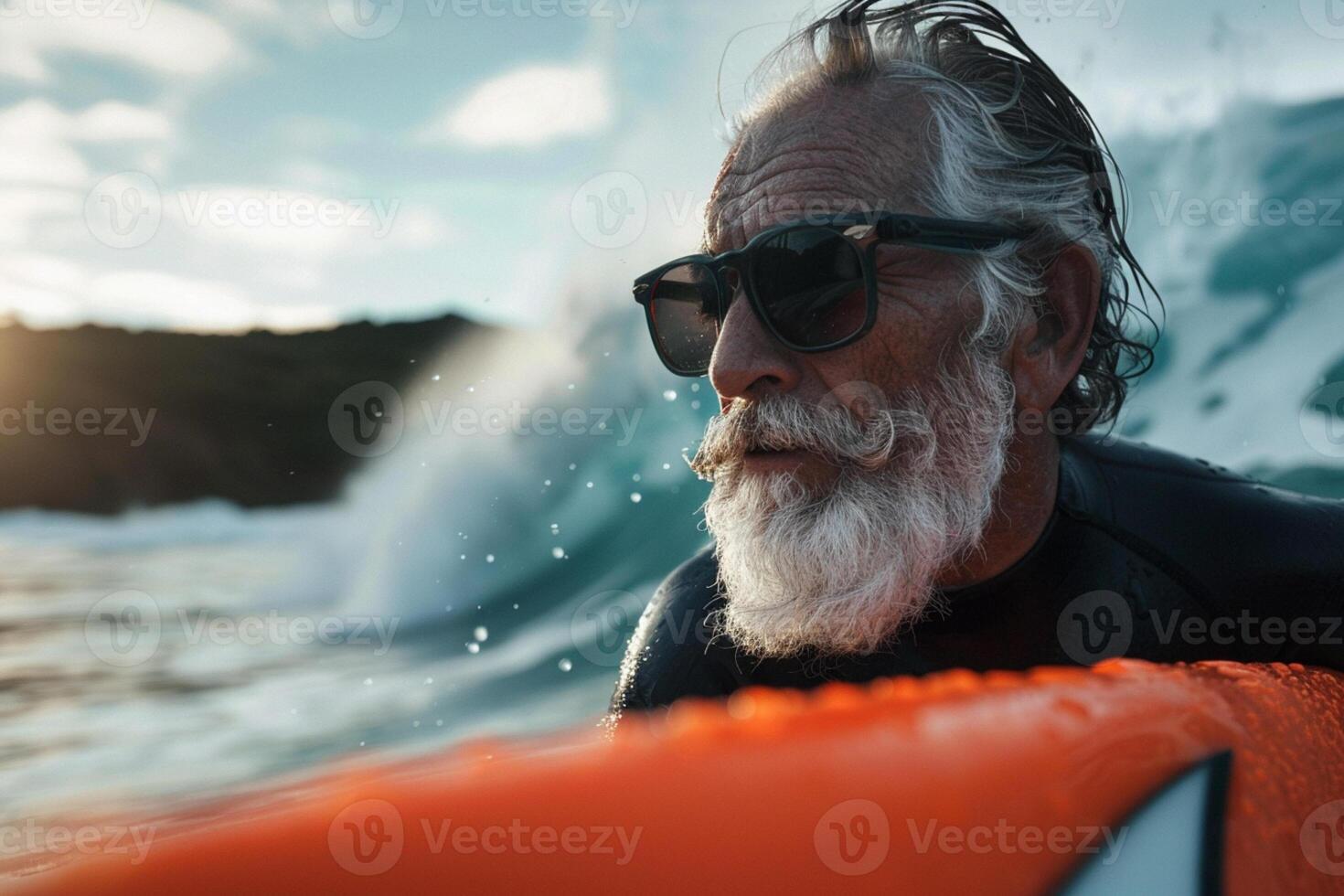 Active grandfather surfing. Grandpa active life concept, retro nostalgia style. photo