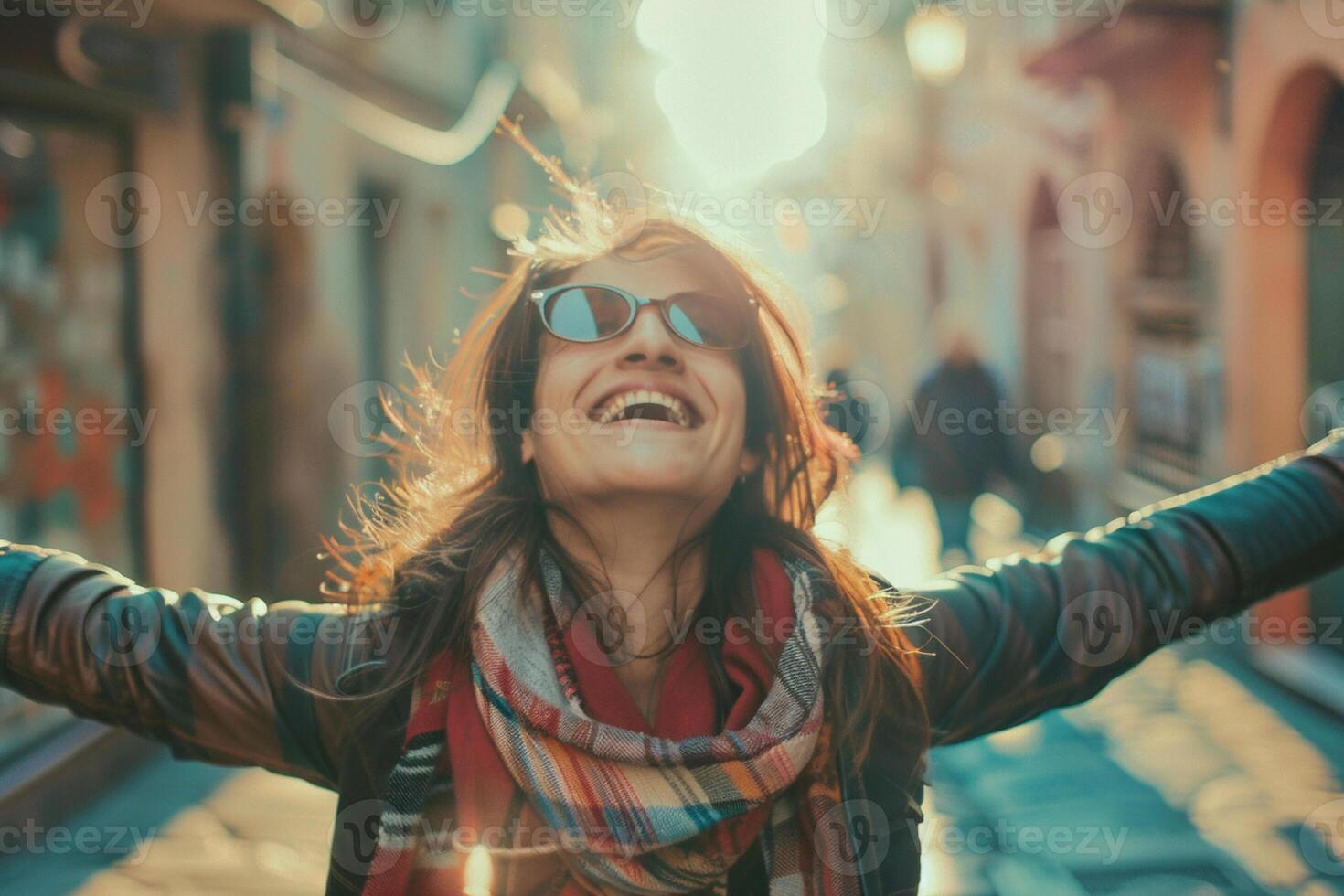 Happy woman enjoying the moment, smiling face, wind is in the hair, sun shining on the face. Bucket lifestyle concept. photo