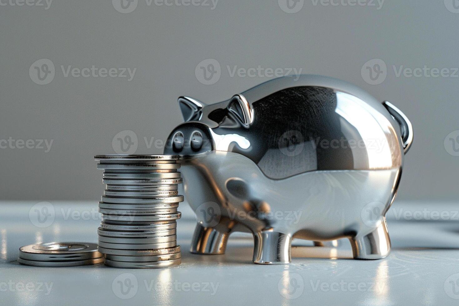 Silver pig bank, silver coins, money. Resourceful budget savvy, money saving concept. photo