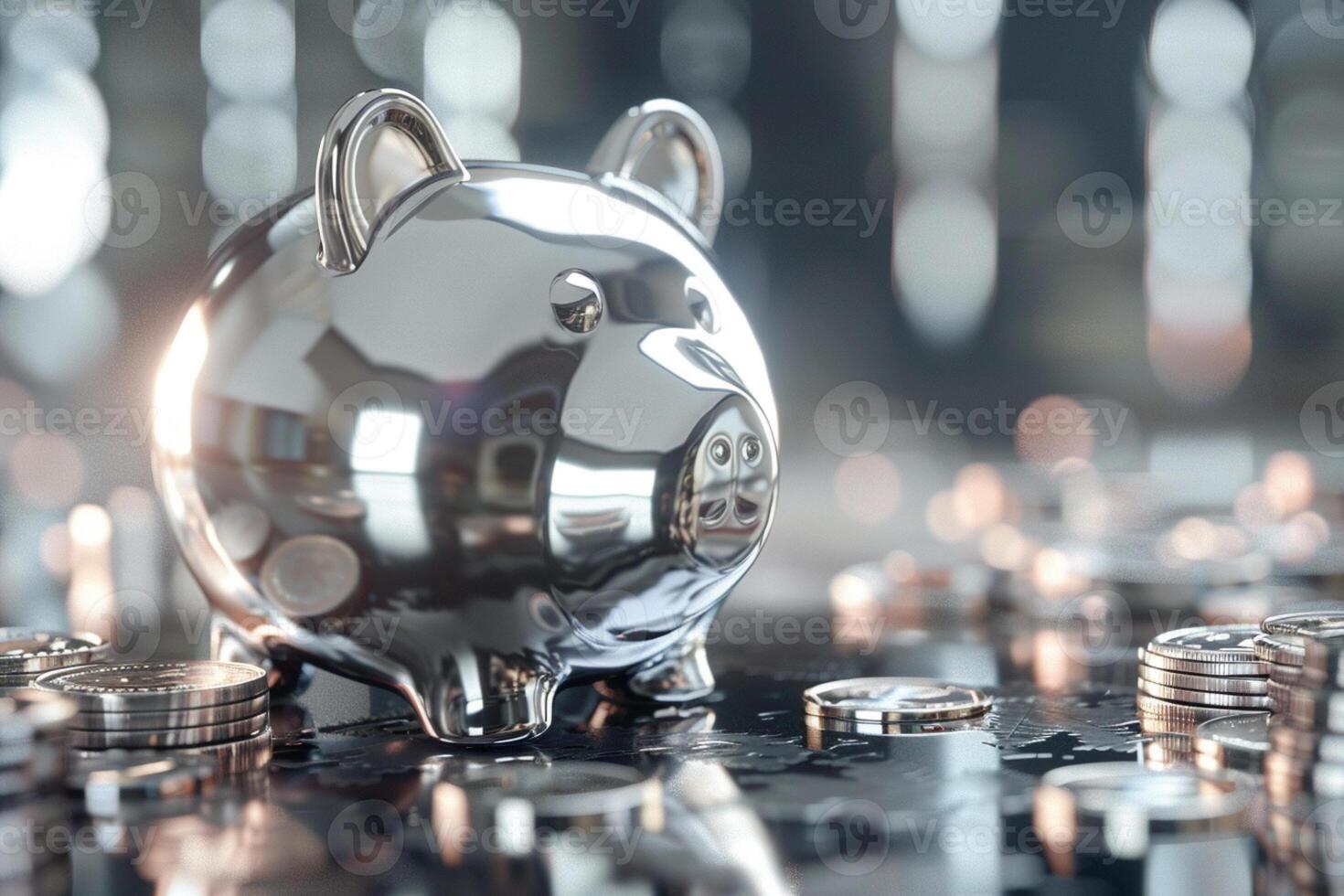 Silver pig bank, silver coins, money. Resourceful budget savvy, money saving concept. photo