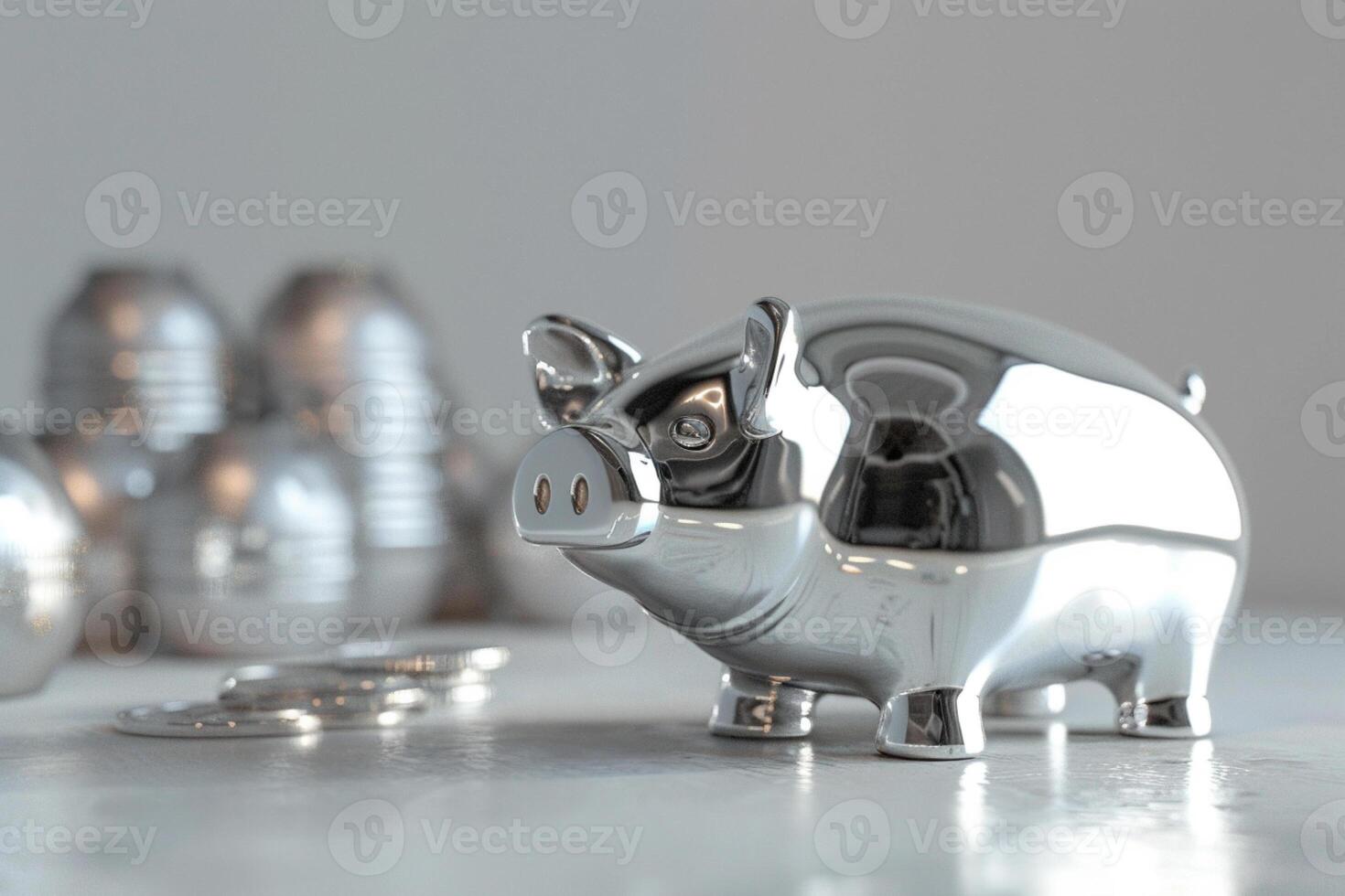 Silver pig bank, silver coins, money. Resourceful budget savvy and money saving concept. photo