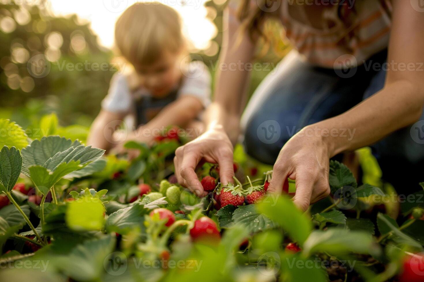 The family is working together to pick strawberries in the field. Together, collaboration concept. photo