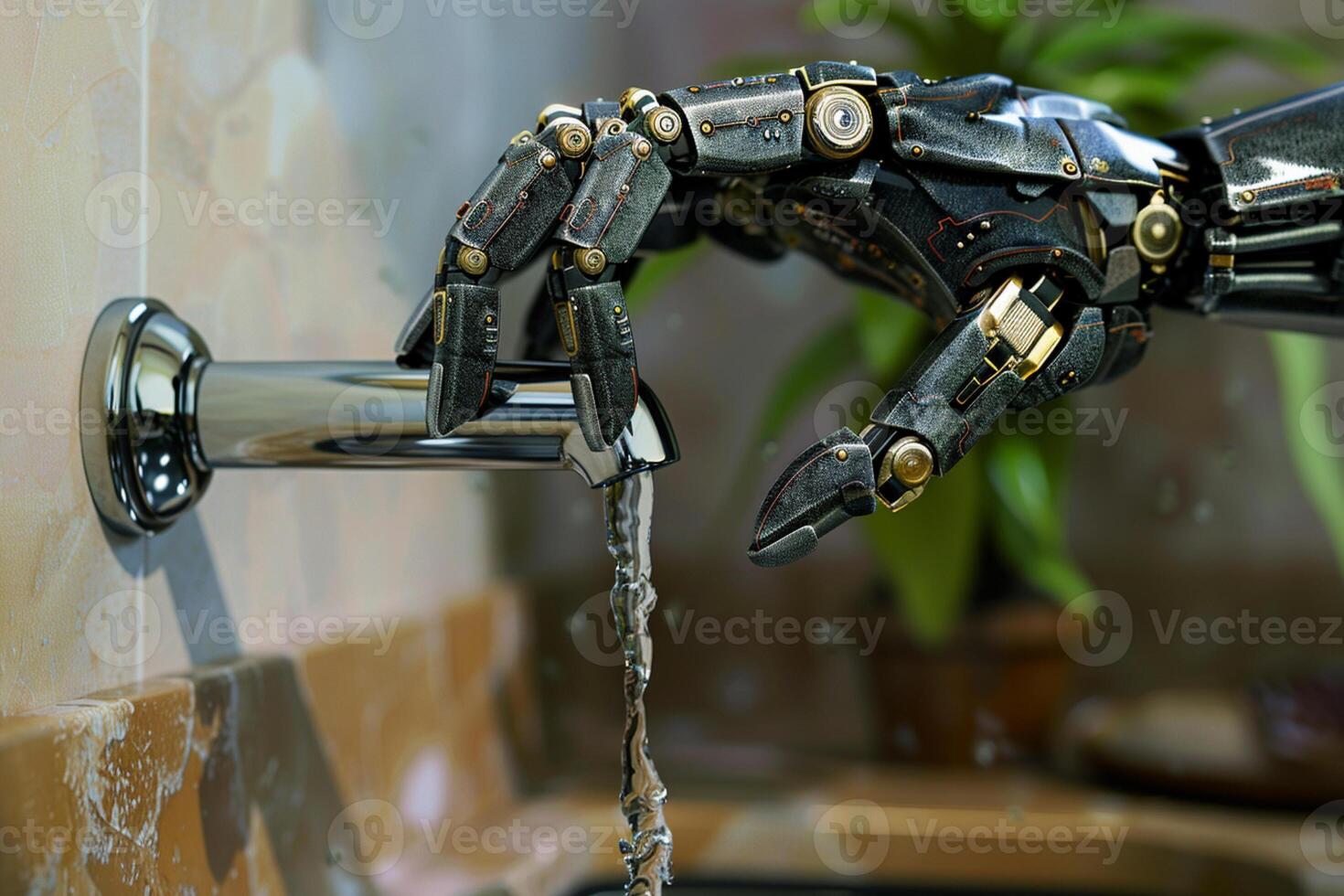 Robot hand turns off the water. Save water concept. photo