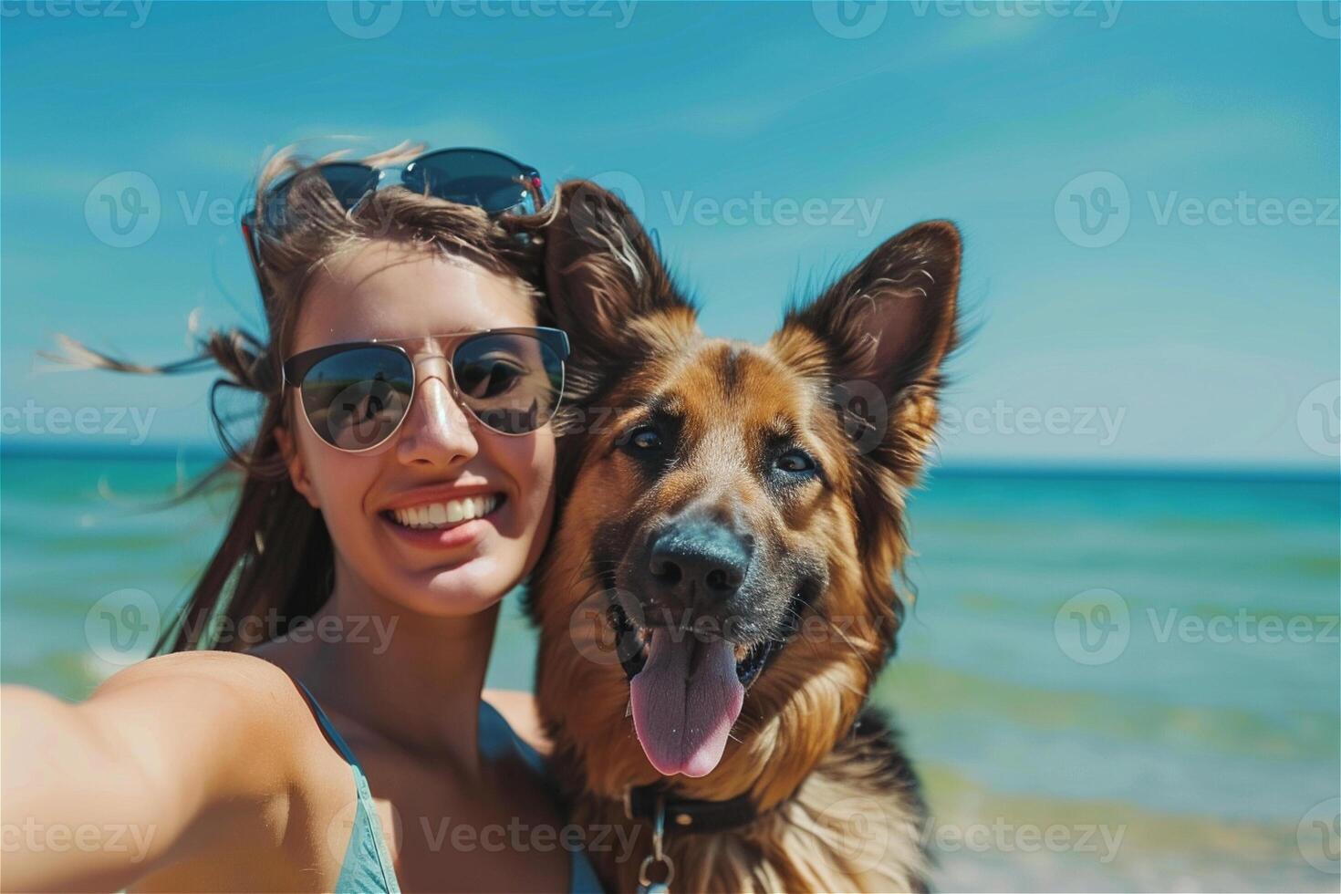 Happy woman with a dog taking a selfie at the beach, summer day, sea background. Travelling with the dog concept. photo