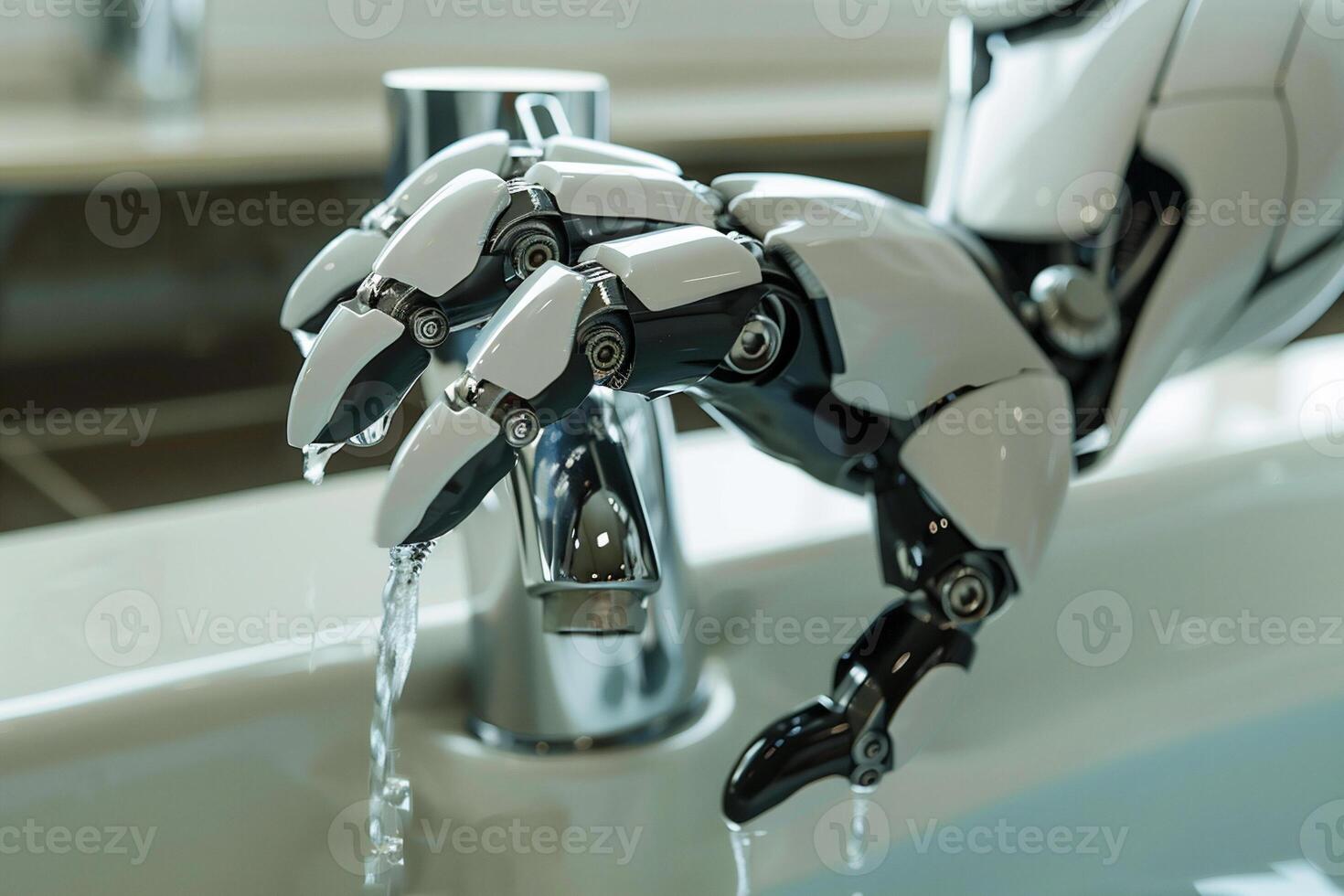 Ai robot hand turns off the water. Save water concept. photo