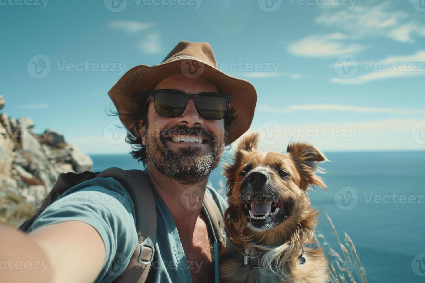 Happy man with a dog taking a selfie at the beach, summer day, sea background. Travelling with the dog concept. photo