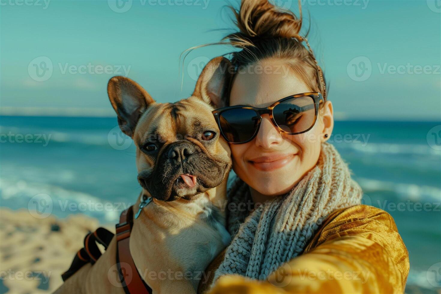 Happy woman with a dog taking a selfie at the beach, summer day, sea background. Travelling with the dog concept. photo