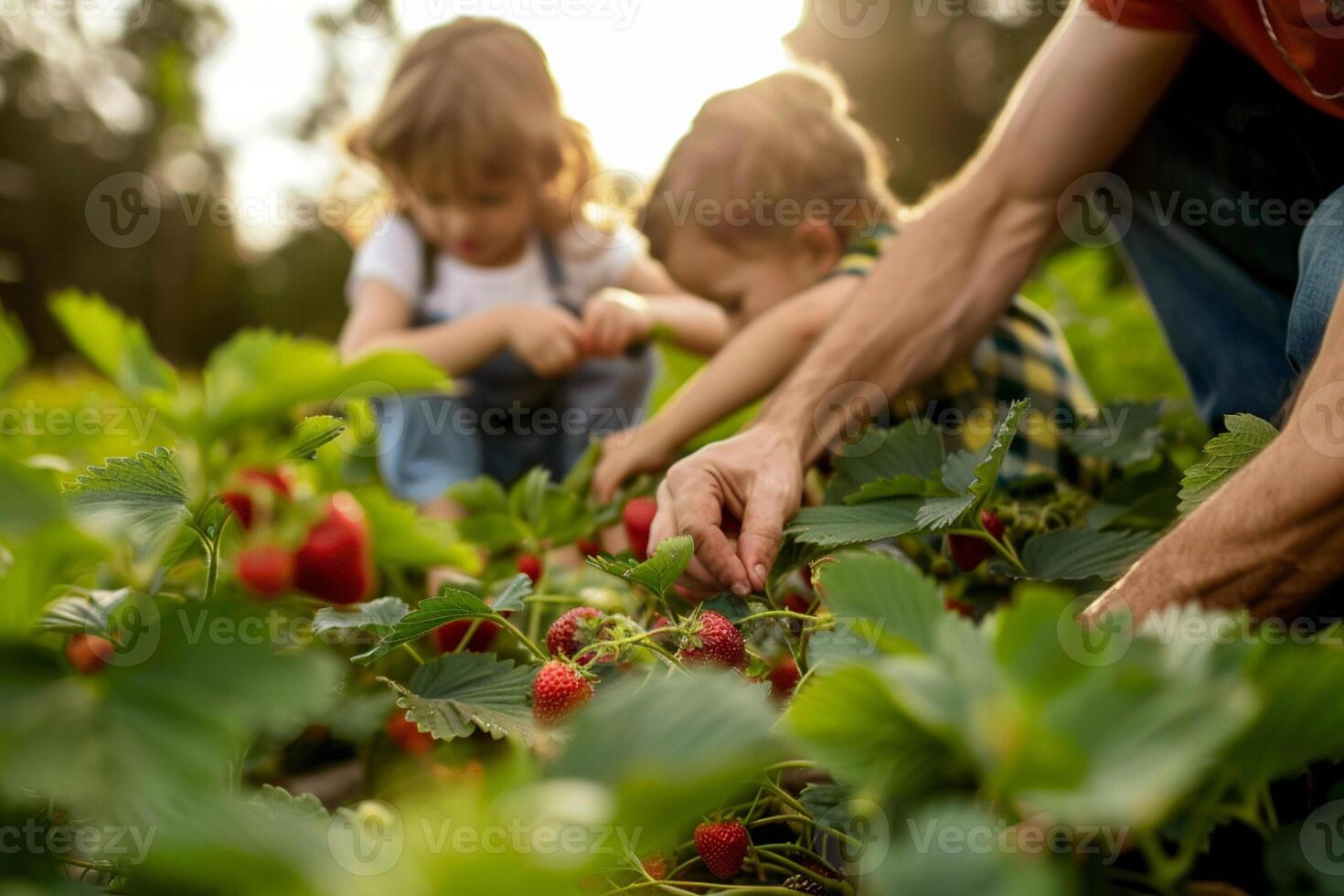 The family is working together to pick strawberries in the field. Together, collaboration concept. photo