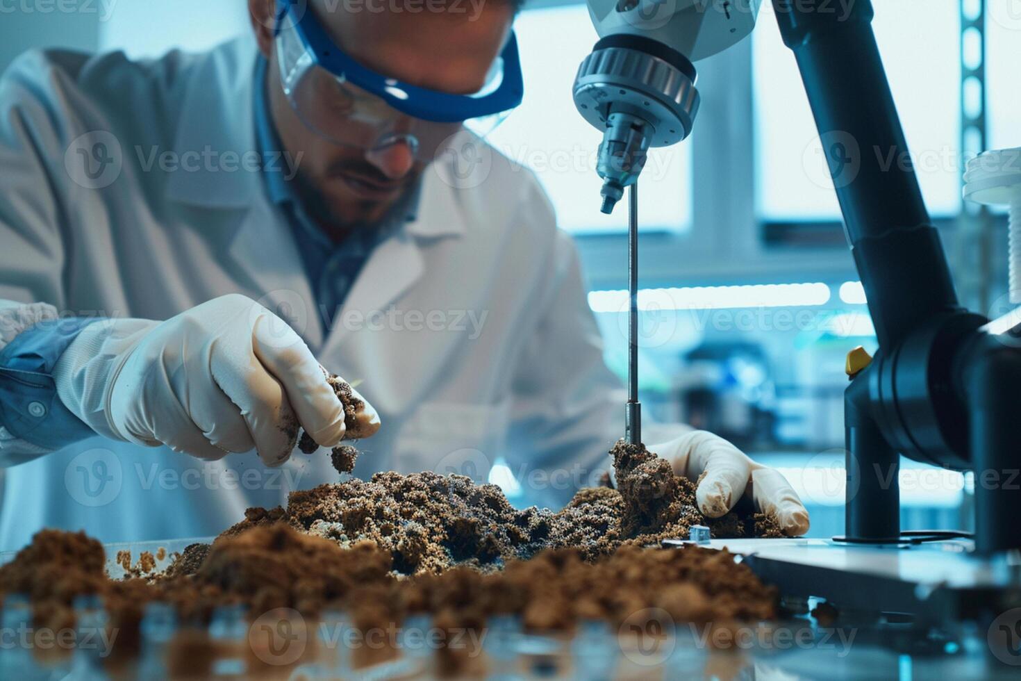 Scientist works with a robot arm in a laboratory, tending to soil and plants, representing technologies in sustainable agriculture, soil environmental protection. photo