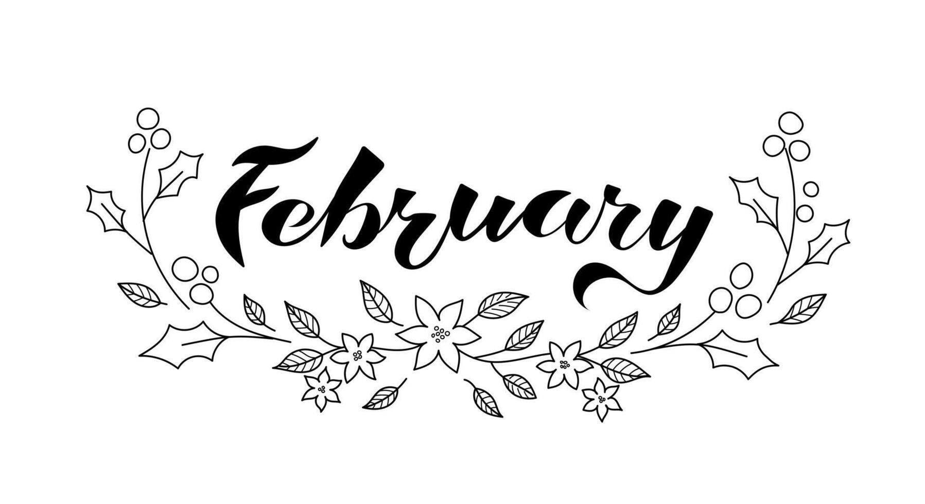 FEBRUARY lettering with Flowers composition. Decoration letters ornaments. vector