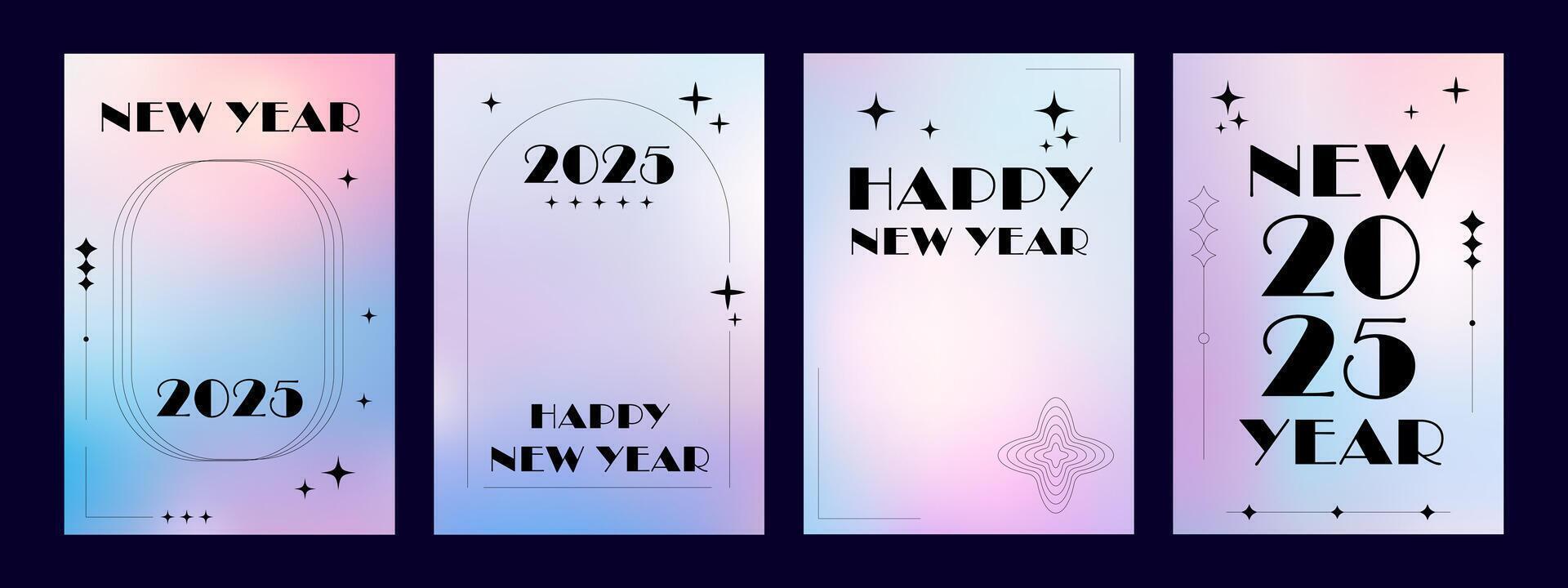 Y2k Christmas aesthetic posters set. 2025 New Year gradient background trendy style. Y2k element minimalist design. vector