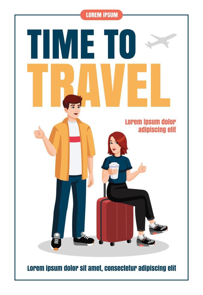 Young couple with suitcase, backpack showing thumbs up at the airport before flight. Flat design, cartoon style. Travelling concept flyer, banner, promo, advertising, leaflet. vector