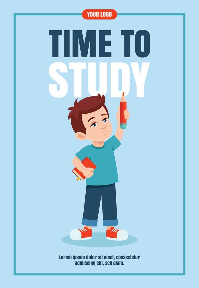 Little boy with pencil and book. Education, knowledge, student concept Flyer design. Training concept banner, promo, advertising, leaflet. Time to study vector