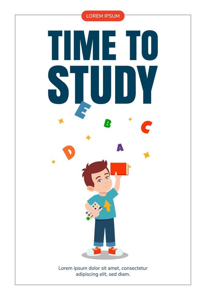 Happy Little boy with book Surrounded with letters. Education, reading concept Flyer design illustration. vector