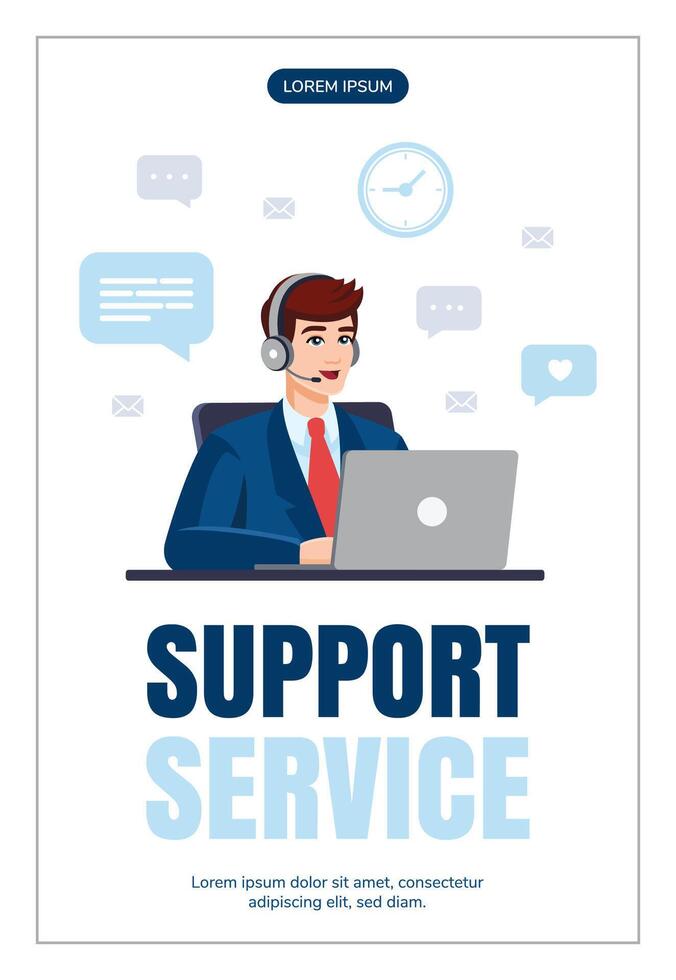 Operator, man working with laptop. Flat design. Flyer design. Support service concept. vector