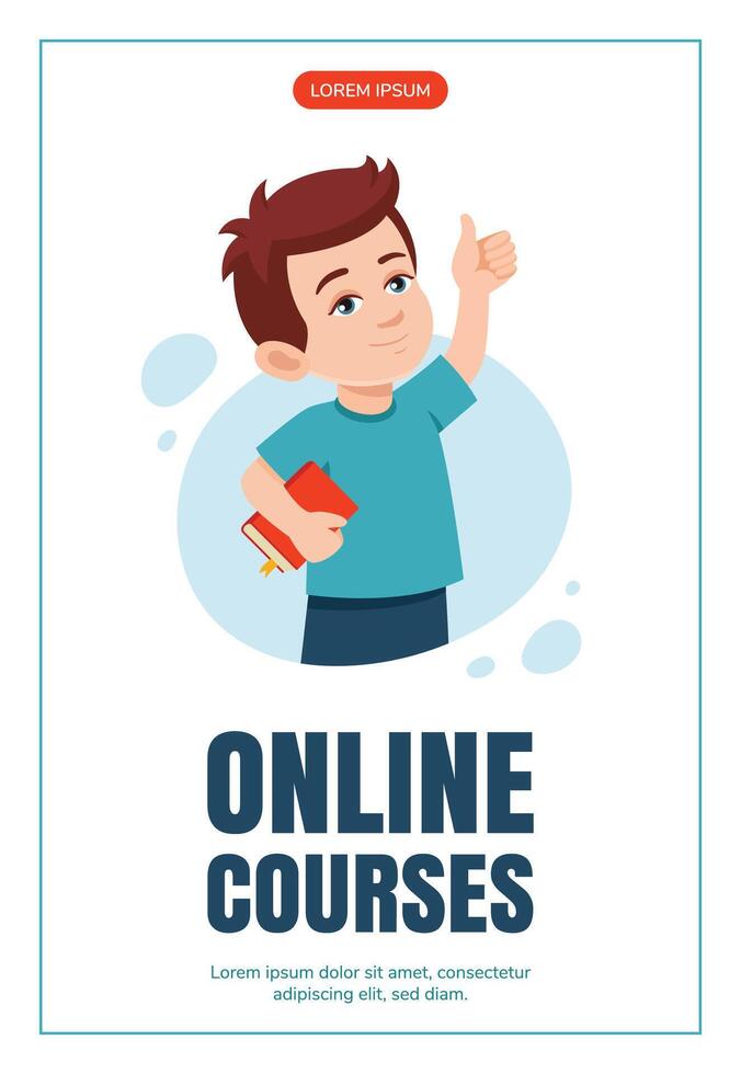 Happy Little boy with book Shows thumbs up. Flyer design. Training concept banner, promo, advertising, leaflet. Flat illustration cartoon style. Online education, courses, studying concept. vector