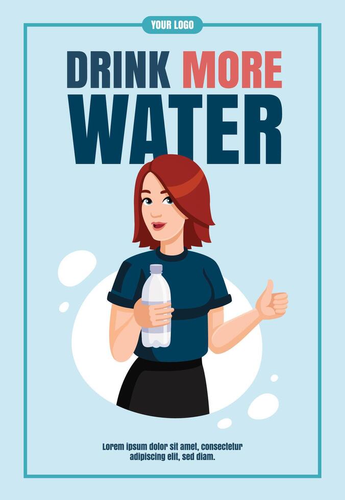 Young woman holding bottle of water, showing thumbs up. Flyer design. showing thumbs up. Flat illustration. vector