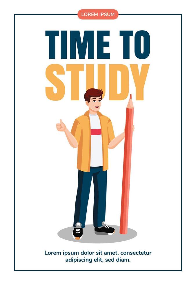 Young man with huge pencil Shows thumbs up. Education, knowledge, student concept Flyer design. Training concept banner, promo, advertising, leaflet. Time to study vector