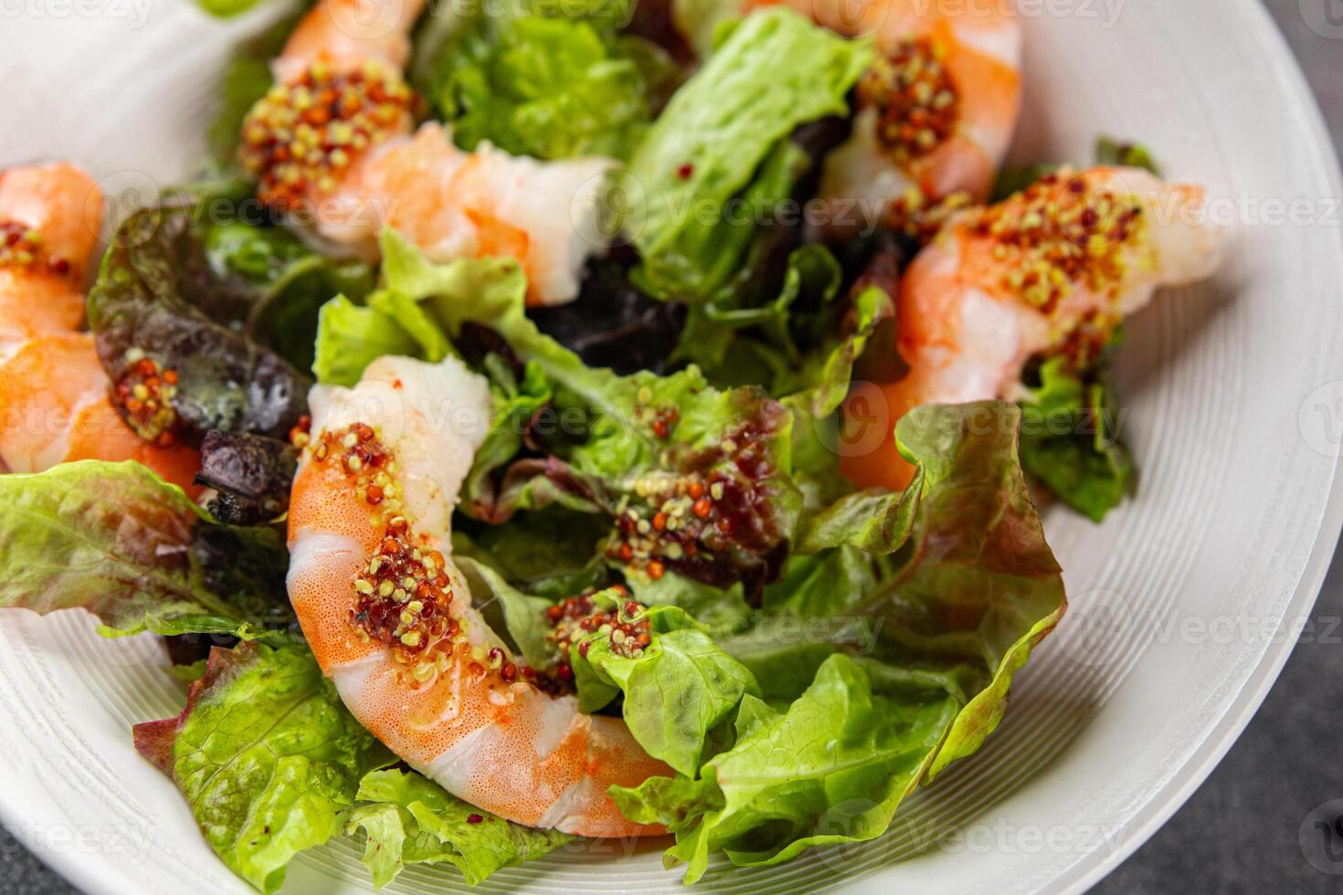 shrimp salad prawns or langoustines green leaf lettuce mix fresh meal food snack on the table copy space food background rustic top view photo