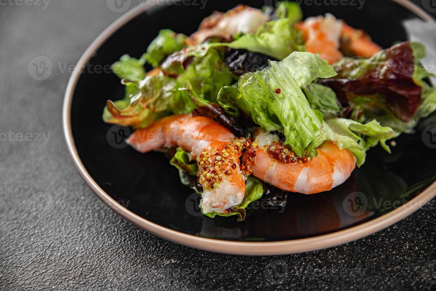 shrimp salad prawns or langoustines green leaf lettuce mix fresh meal food snack on the table copy space food background rustic top view photo