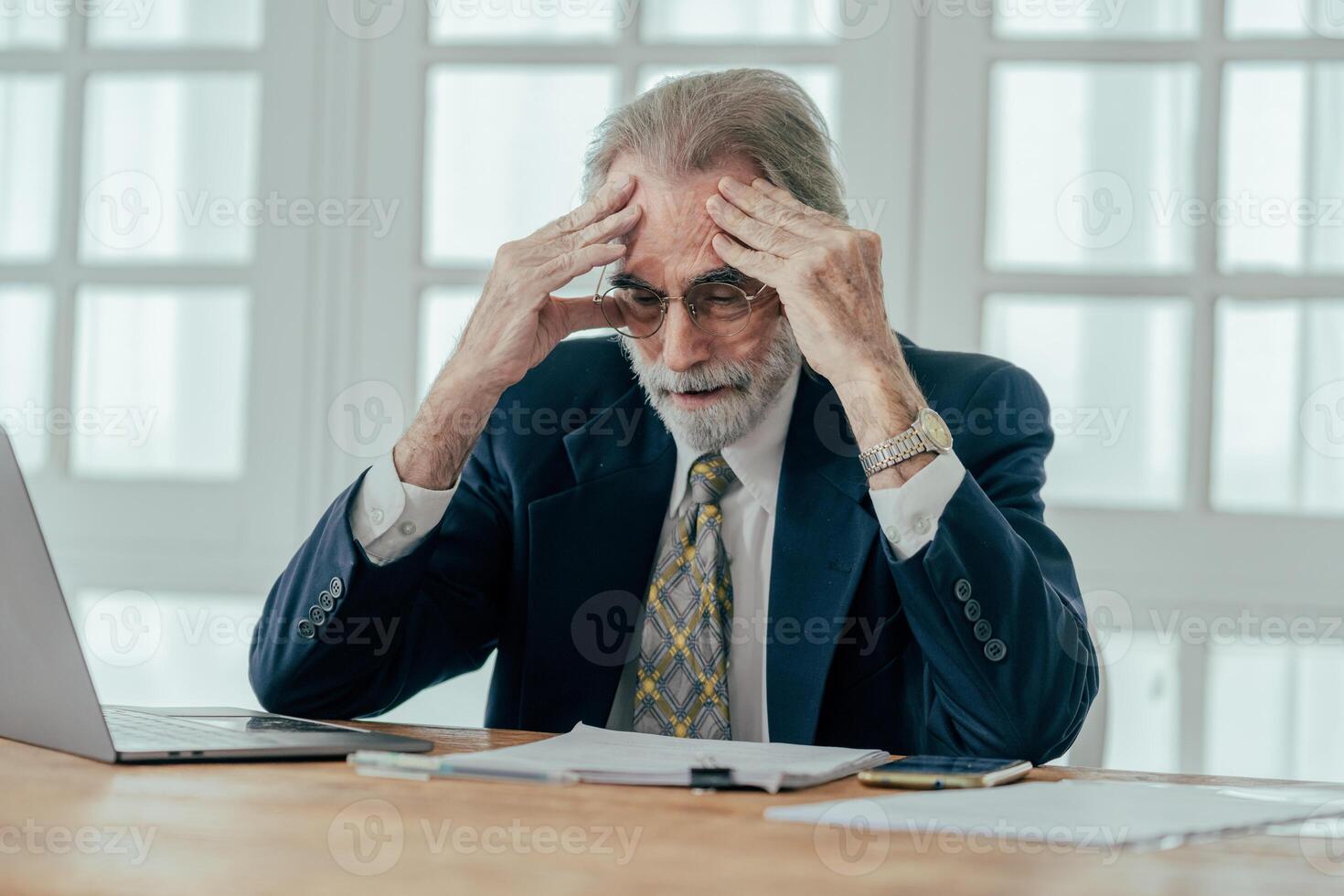 Overload in the office Stressed by business problems, debt, credit, bankruptcies Middle-aged Caucasian businessman, lawyer, chief, CEO receives sad news, bills are fired, divorce problems, mortgage. photo