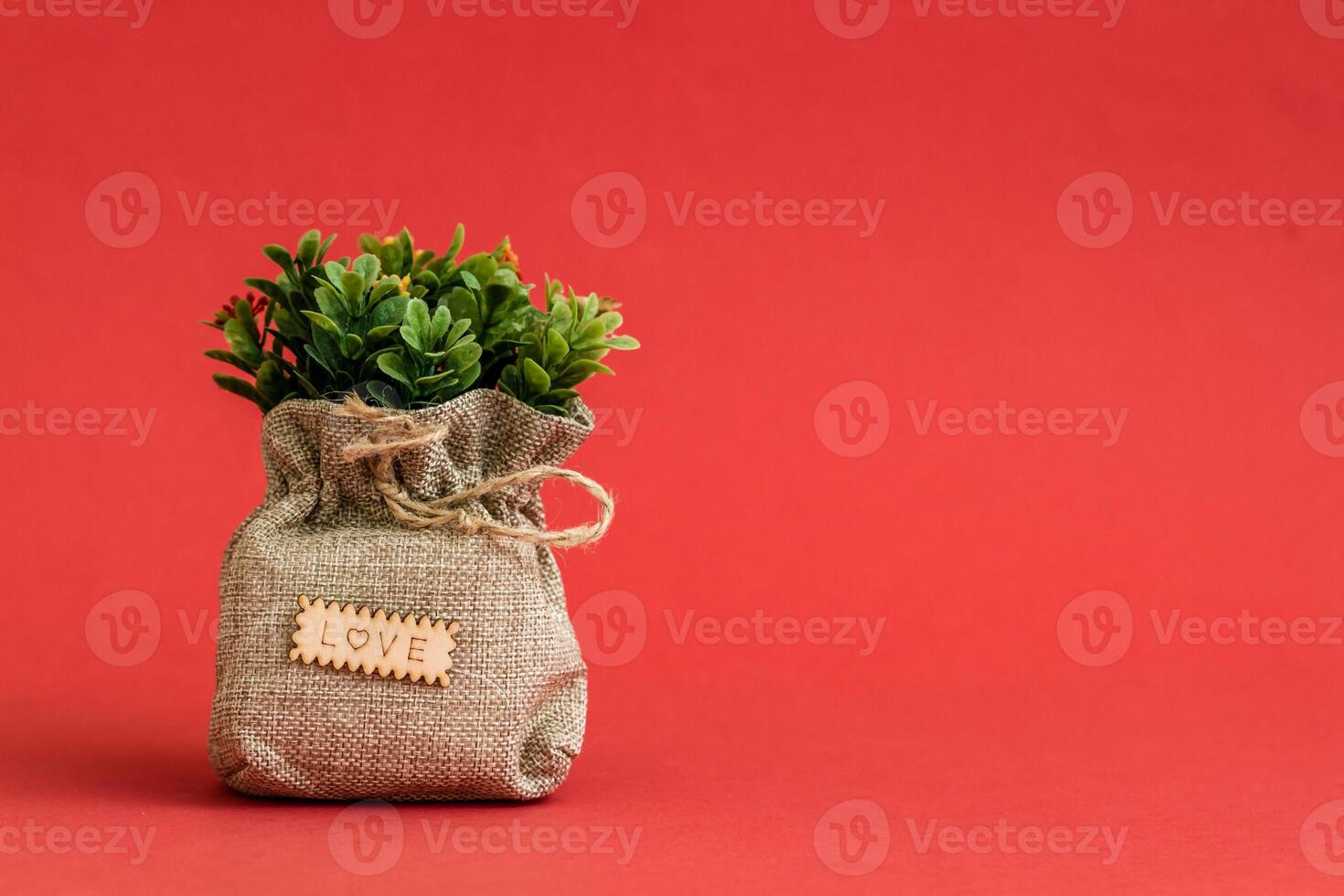 Artificial Green Flower on Red Background, Vibrant Colors, with Copy Space photo