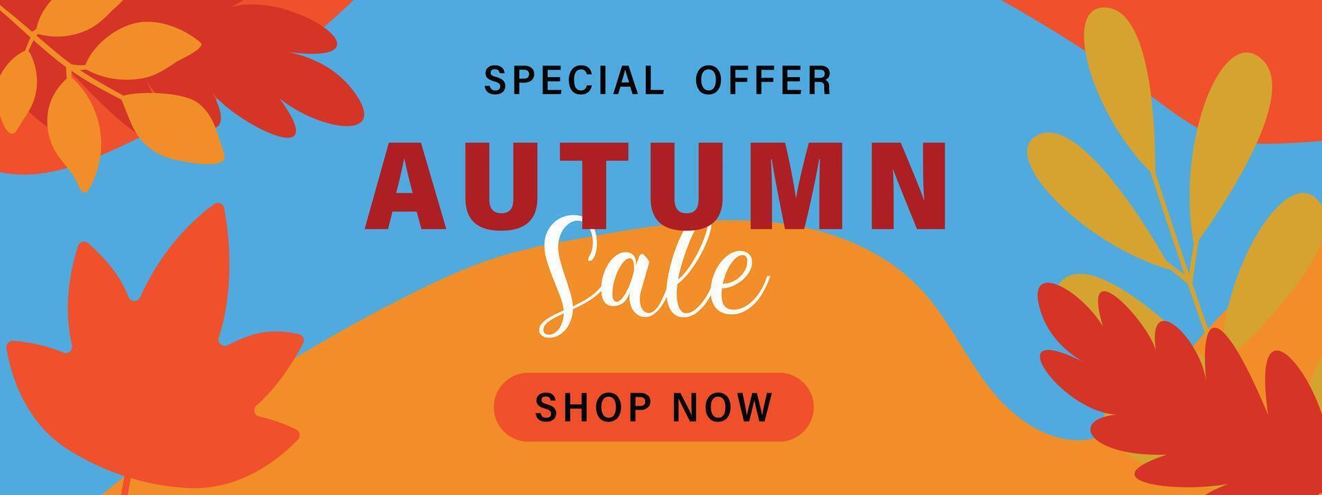 Autumn big sale poster with falling autumn leaves. Autumn seasonal background. vector