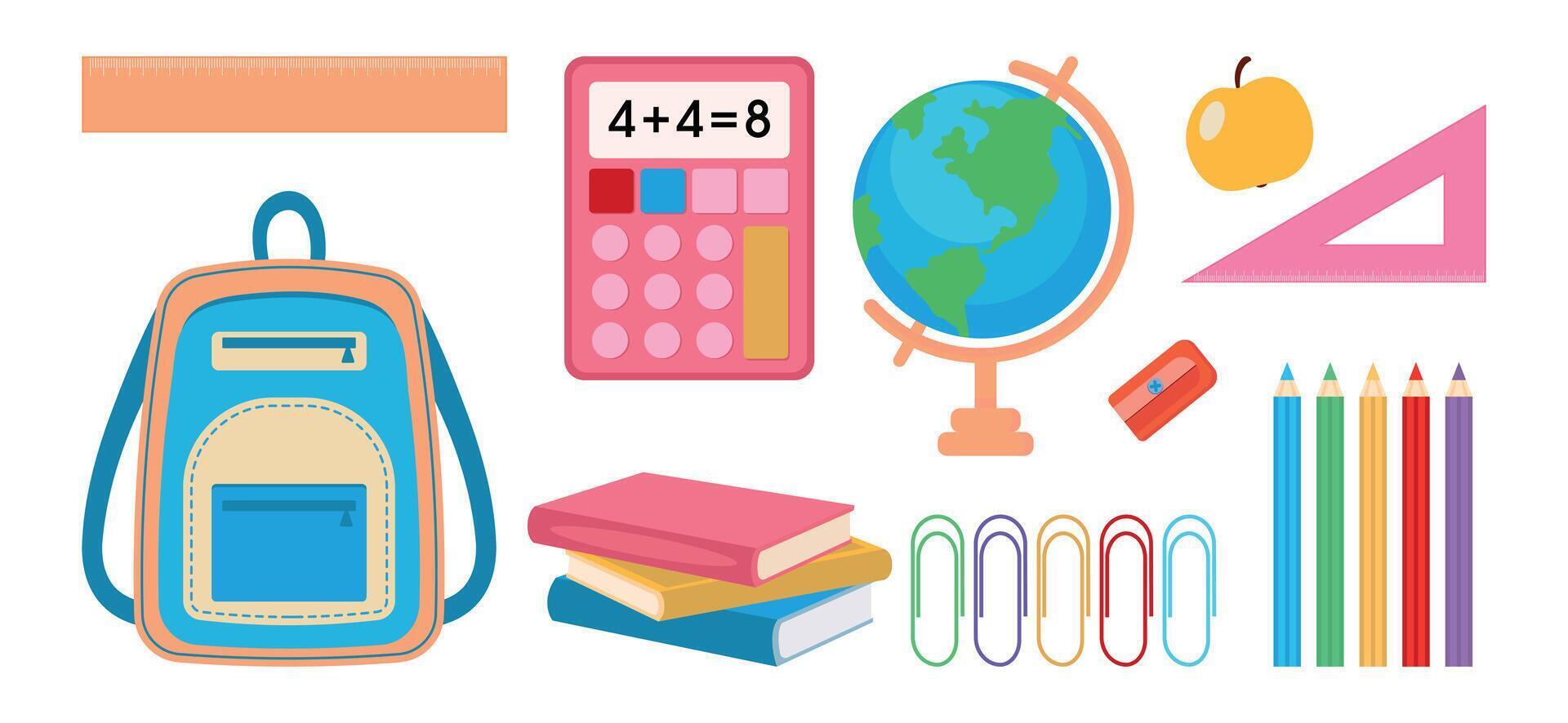 Set of school supplies. Backpack, books, globe, rulers, pencils, calculator, paper clips, sharpener. vector