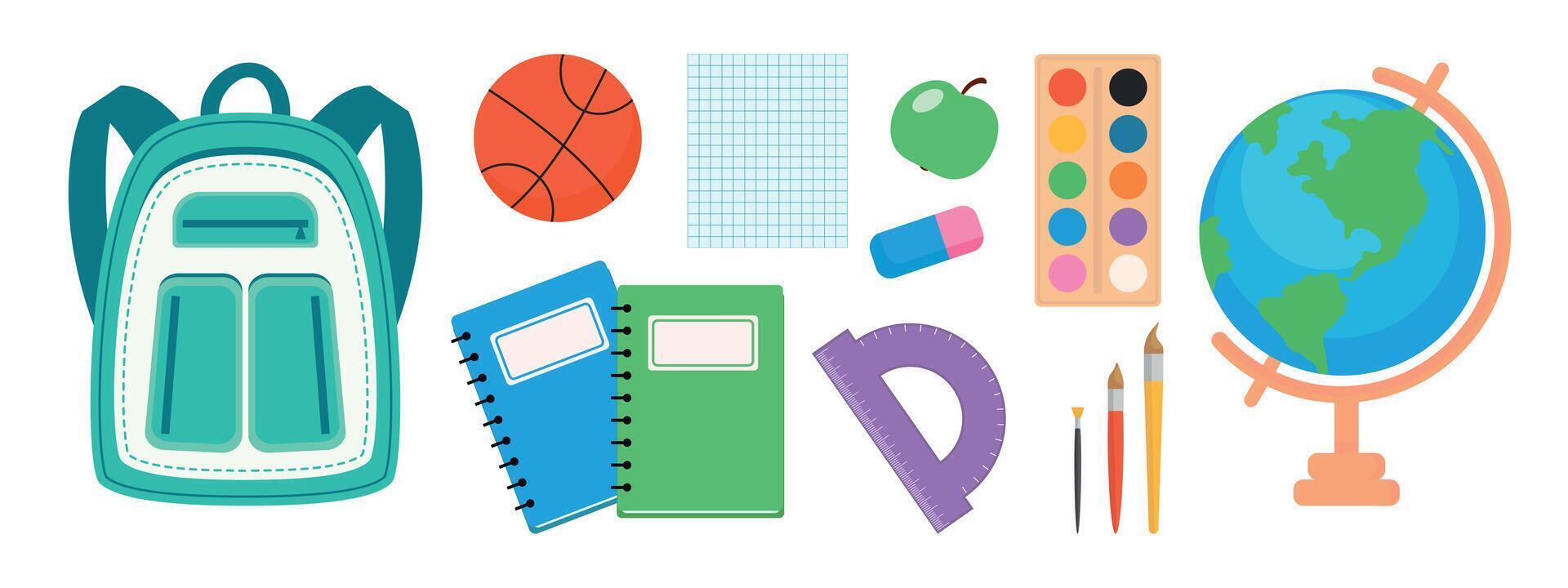 Set of school supplies. Backpack, notebooks, globe, ruler, paints and brushes, basketball. vector