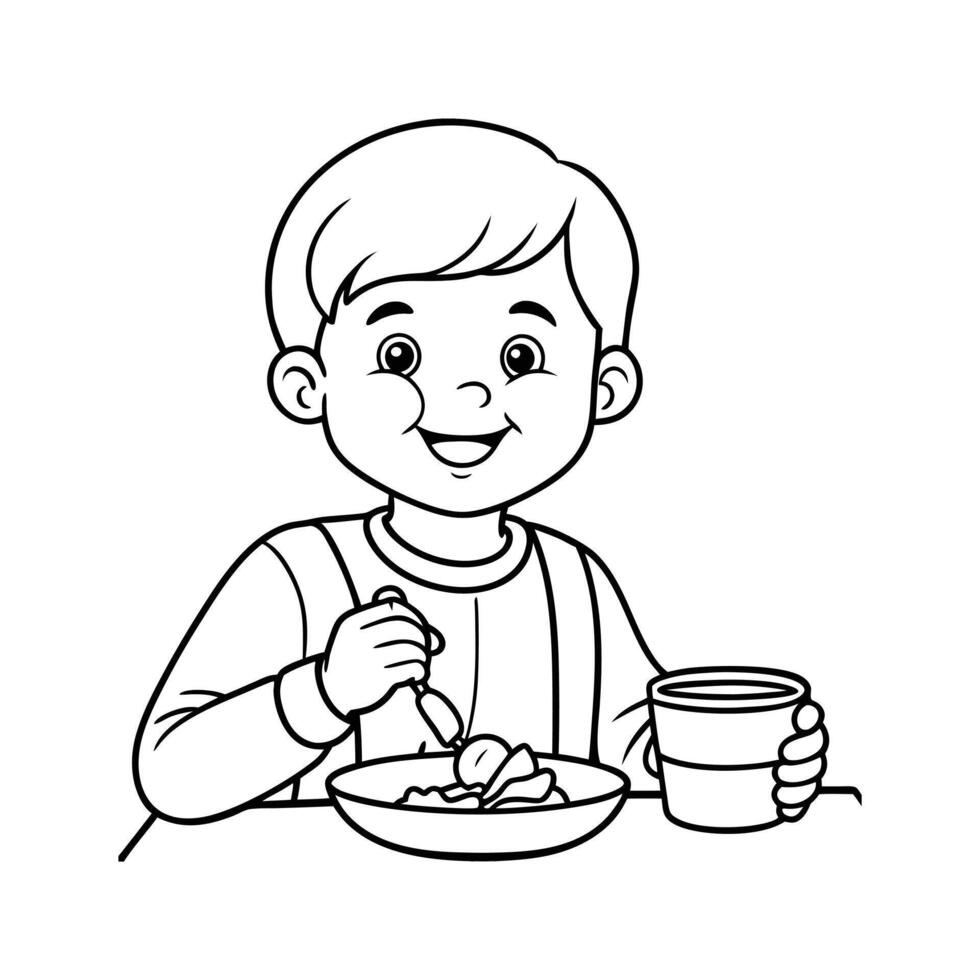 little boy eating breakfast line art vector