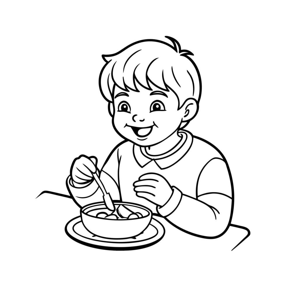 little boy eating breakfast line art vector