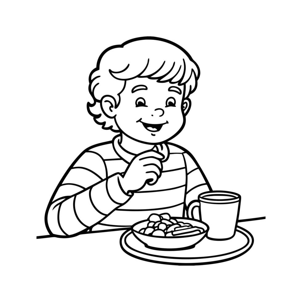 little boy eating breakfast line art vector