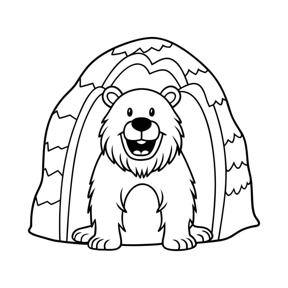 happy brown bear in the cave line art vector