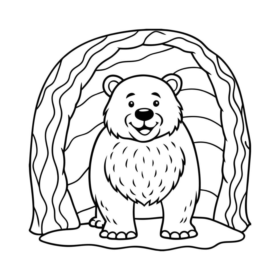 happy brown bear in the cave line art vector