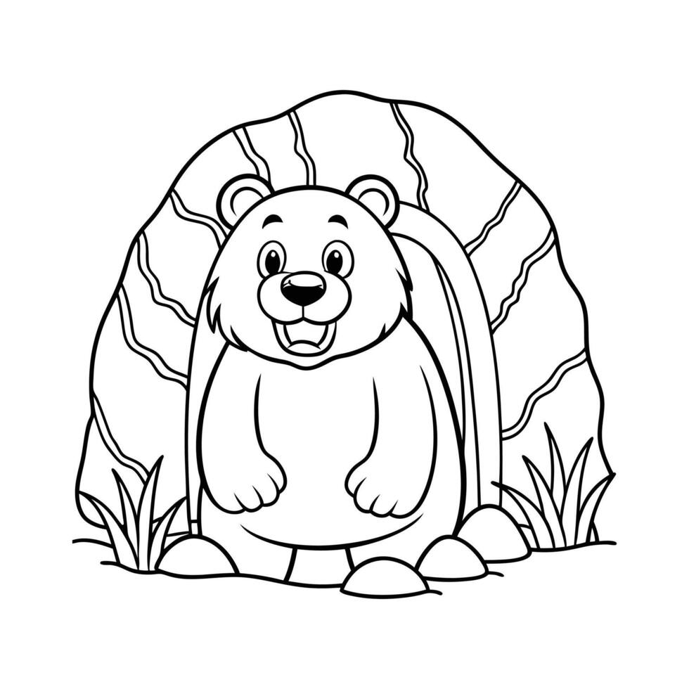 happy brown bear in the cave line art vector